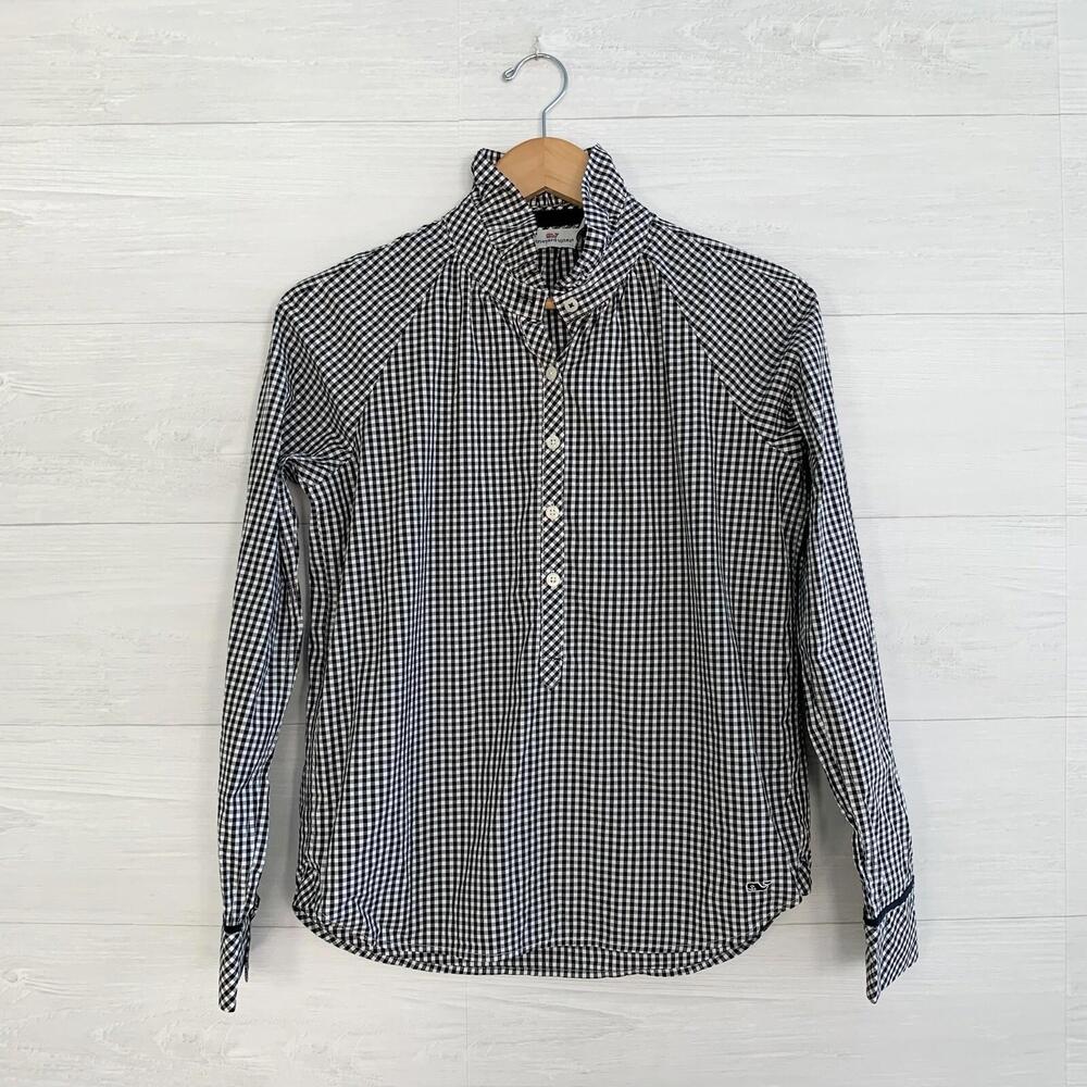 Vineyard Vines - Black & white gingham piecrust collar 1/2 button top, sz 4